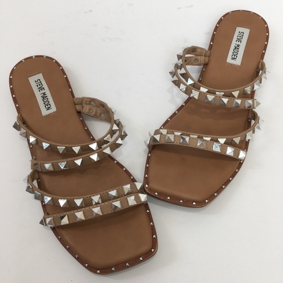 Steve Madden Studded Strappy Tan Leather Slip On flat Skyler Sandals - Picture 1 of 12